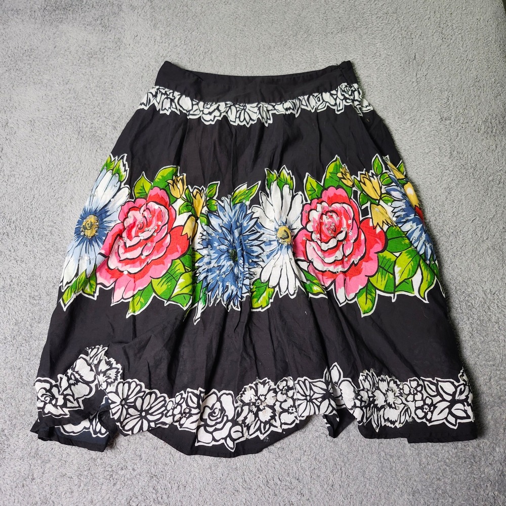 Papaya Womens S Midi Skirt Black Floral Sequin ALine Cotton Border Print Vintage